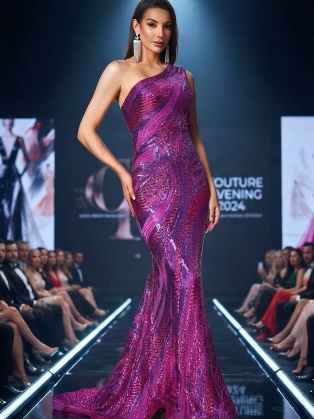 One-Shoulder Fuchsia Sequin Evening Gown